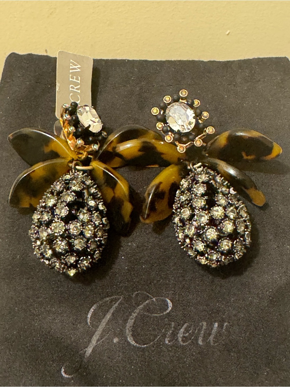NWT J. Crew Faux Tortoise & Pavé Crystal Drop Earrings 2016 Vintage Style